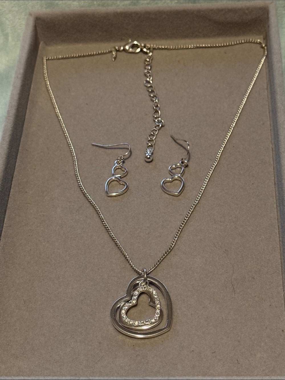 Avon Silver-Tone Double Heart Necklace with Matching Earrings